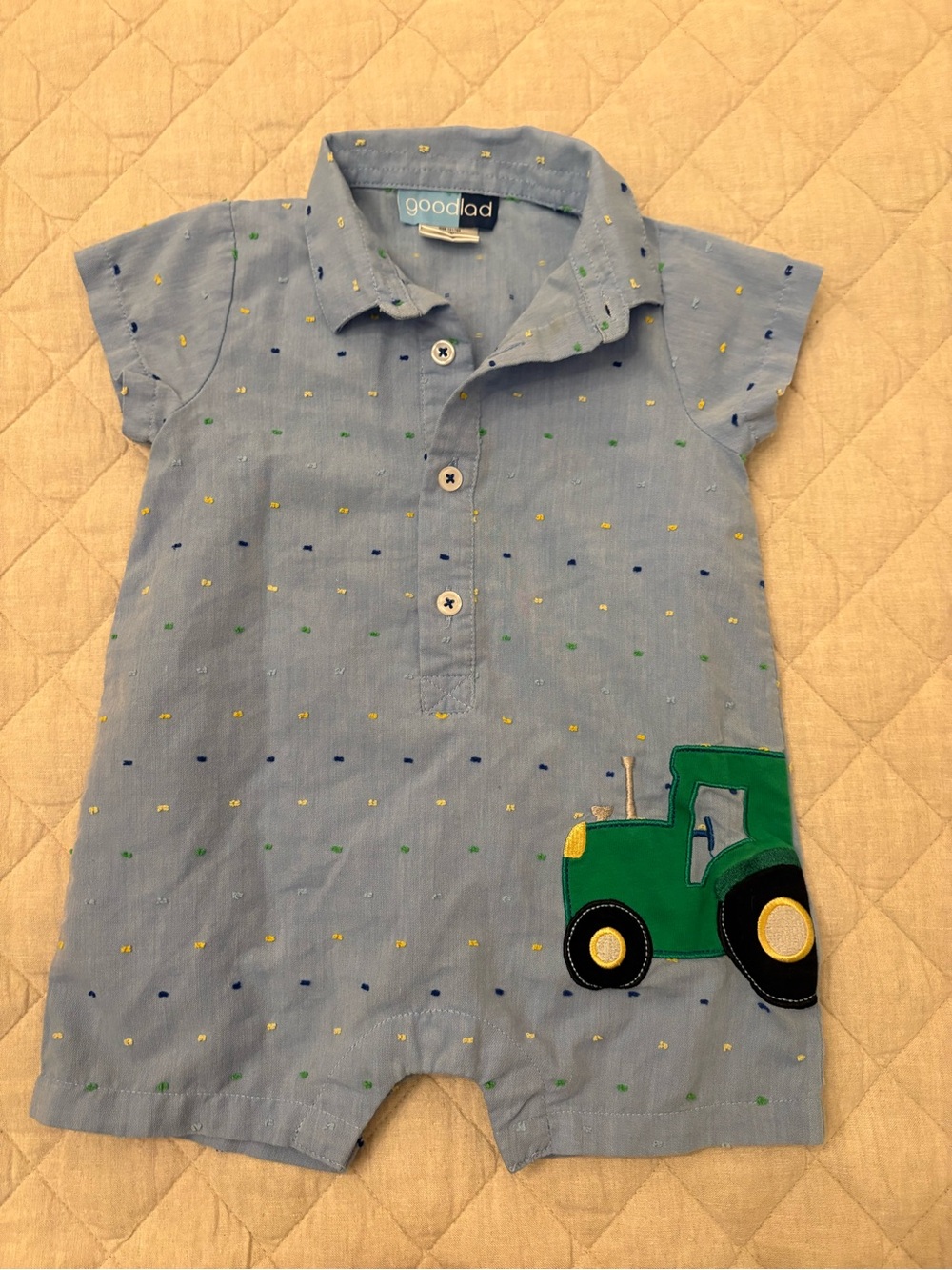 Goodlad Light Blue Baby Romper with Green Tractor Appliqué